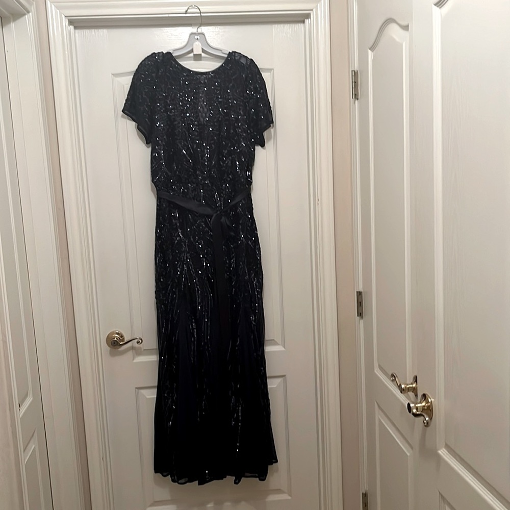 Formal, sequin, plus sized navy dress.